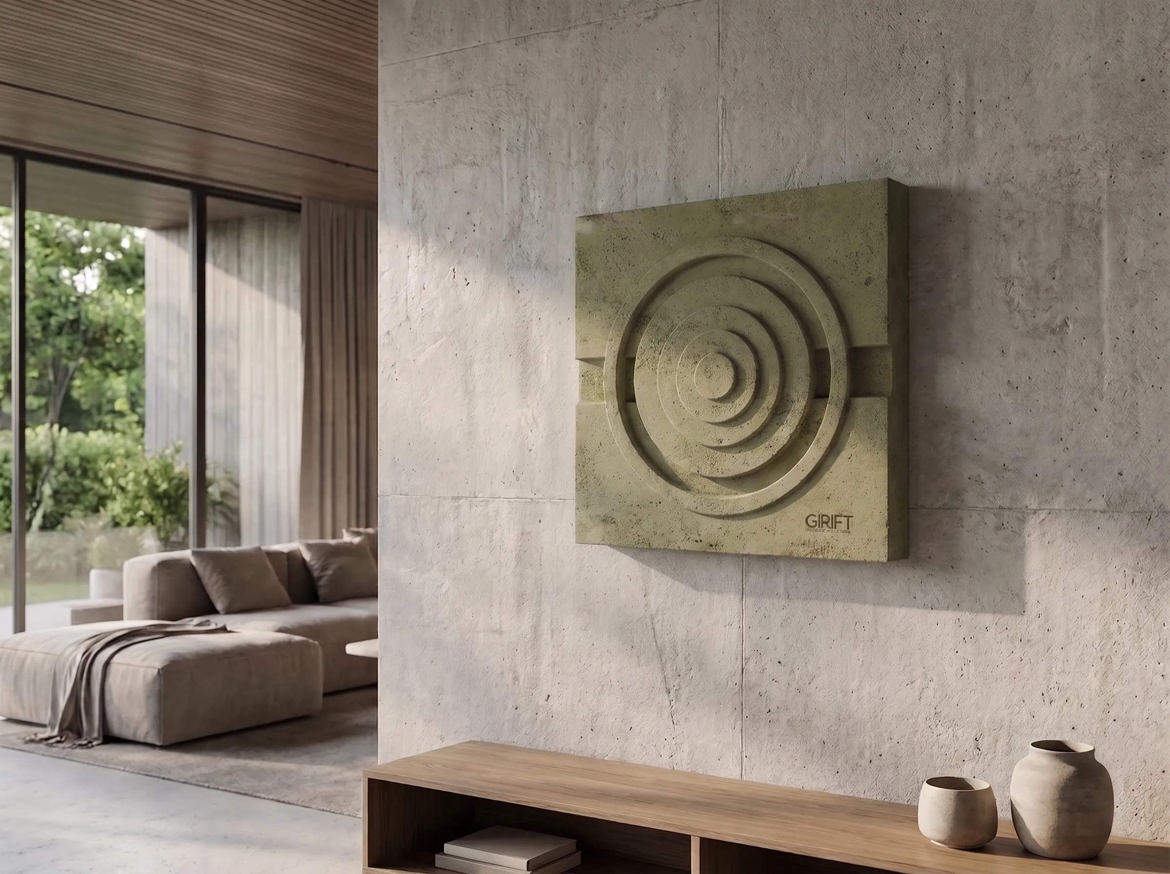 Girift koleksiyonuna ait, ham dokulu minimalist ve brütalist beton duvar objesi.